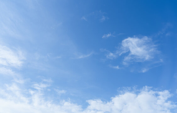 Blue Sky Background, Soft White Clouds, Clear Summer Weather And Bright Daylight, Natural Cloudscape For Nature, Environment, Spring Season, Outdoor Scenery, Atmosphere , Cloudy Sunny Morning