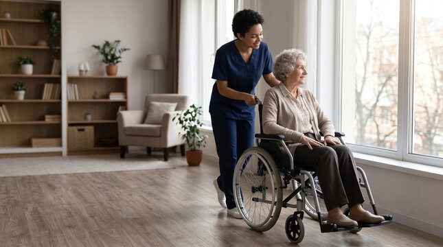 Caregiver assisting elderly woman in wheelchair by window in cozy living room