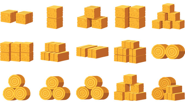 Hay bale stacks and farm straw rolls. Agricultural harvest icons for autumn season design.