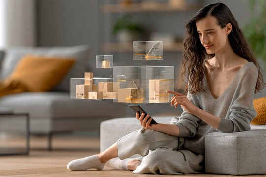 Woman interacts with virtual products in her living room while holding a smartphone