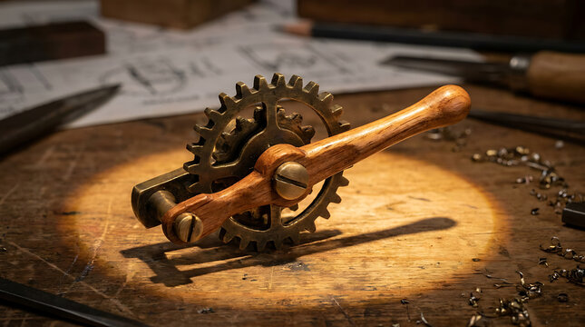 Intricate miniature wooden and brass gear mechanism with crank handle on textured wooden surface