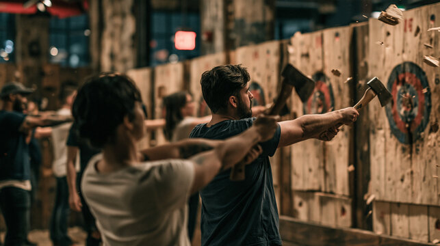 Men competing in an indoor axe throwing competition with rustic decor, focus and teamwork at a wood target venue