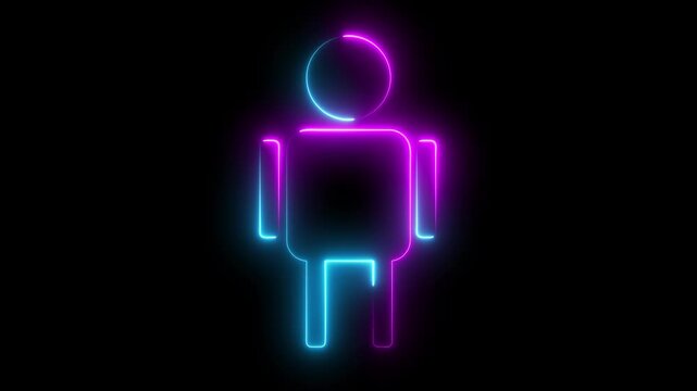 Glowing neon running man symbol animation on black background. Racing people silhouette sign concept. Neon line a man run or racing icon animation.4k