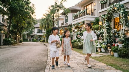 Fototapeta premium Three happy children walk down a suburban street decorated for spring
