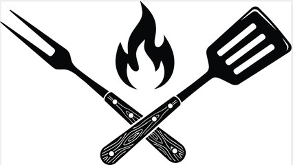 Crossed BBQ spatula and fork with flame black silhouette vector illustration, barbecue grill tools logo symbol isolated on white background © SOHAG
