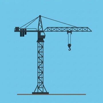 Construction tower crane lifting heavy load at building site. Industrial red lattice boom hoist equipment for high-rise development projects.