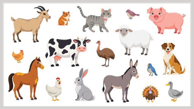 Cute cartoon farm animals and domestic pets vector illustration set, friendly livestock characters and countryside birds collection isolated on white background