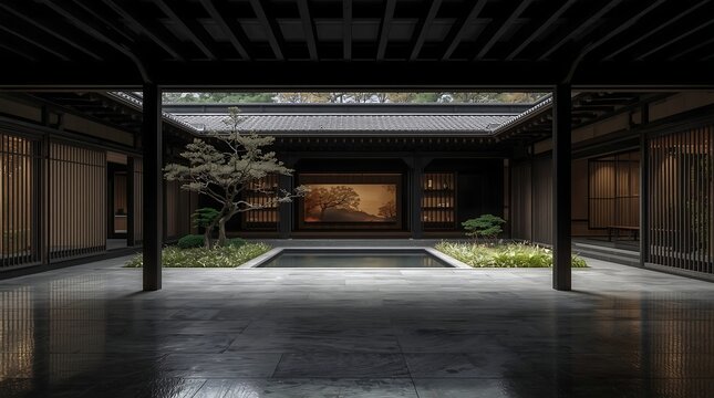 Modern Japanese Courtyard Architecture with Minimalist Design and Zen Garden Elements.