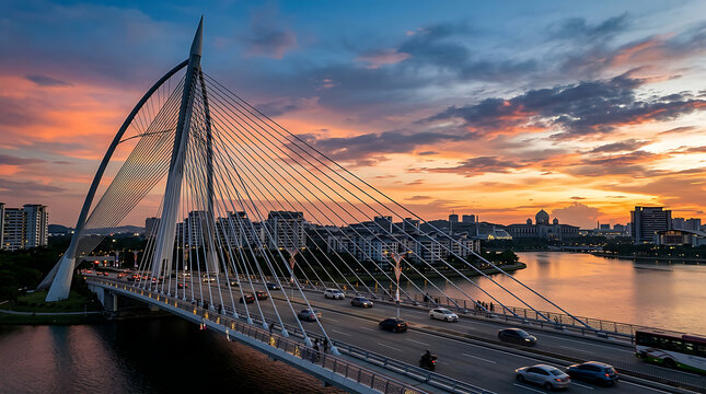 Golden hour over modern cablestayed bridge and city skyline.