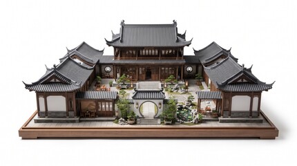 Fototapeta premium Exquisite miniature model showcasing traditional East Asian courtyard architecture with intricate details and classic design, representing cultural heritage and historical craftsmanship