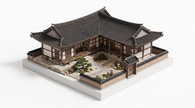 Miniature Japanese Traditional House and Garden Architectural Model with Detailed Roof and Courtyard