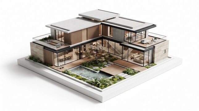Modern architectural model of luxury villa with minimalist courtyard and swimming pool on white background