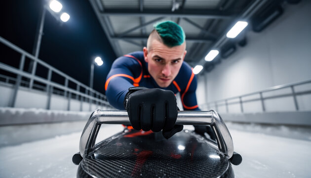 Male skeleton athlete with green mohawk hairstyle riding sled on icy track indoor venue low angle POV close up dramatic sport competition winter speed sliding action view