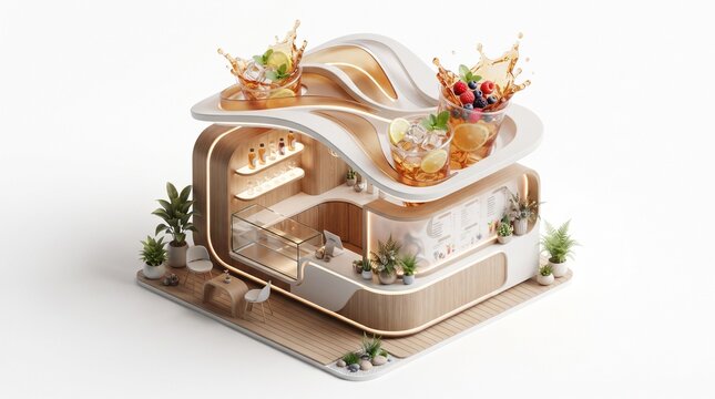 Modern 3D isometric cafe with organic architecture and beverage splashes on white background