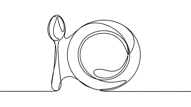 Minimalist line art spoon and plate white background.