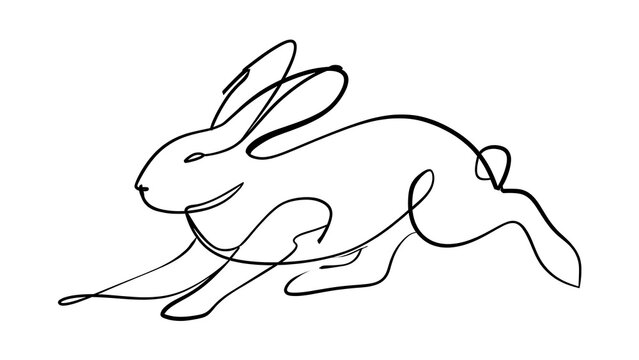Minimalist line art rabbit running white background.