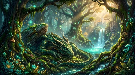 Fototapeta premium Majestic green dragon sleeping in an enchanted forest, mythical creature resting in a magical woodland glade, fantasy landscape with waterfall and glowing fireflies