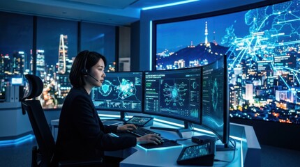 Fototapeta premium Woman in control room monitors complex data on multiple screens at night