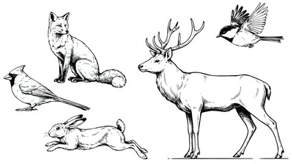 Forest wildlife hand drawn sketch vector set, vintage woodland animals engraved collection with deer fox rabbit and wild birds isolated on white background © SOHAG