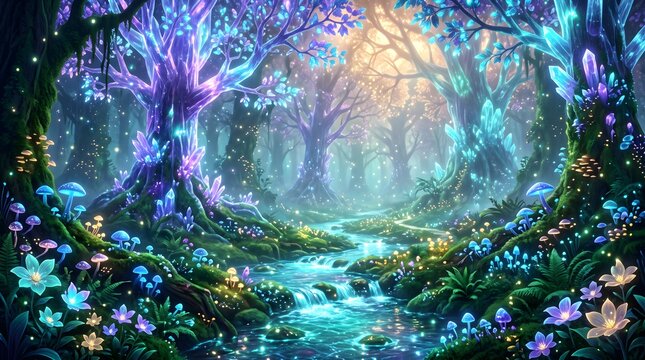 Enchanted fantasy forest with glowing crystal trees, mystical woodland landscape with bioluminescent flowers and river, magical fairy tale nature scene