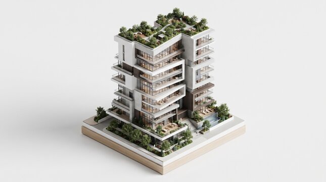 Modern Eco-Friendly Residential Building Architectural Model with Rooftop Gardens and Sustainable Urban Design