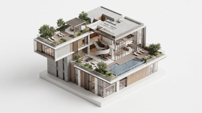 Modern luxury villa architectural 3D isometric rendering with swimming pool and rooftop garden