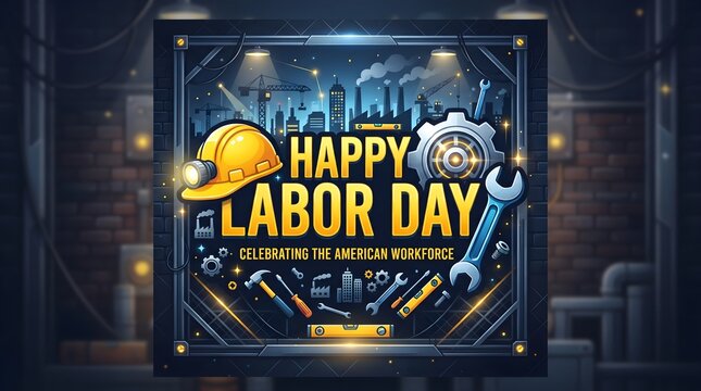 A festive labor day celebration graphic featuring golden text tools and a hard hat on a dark industrial brick wall background