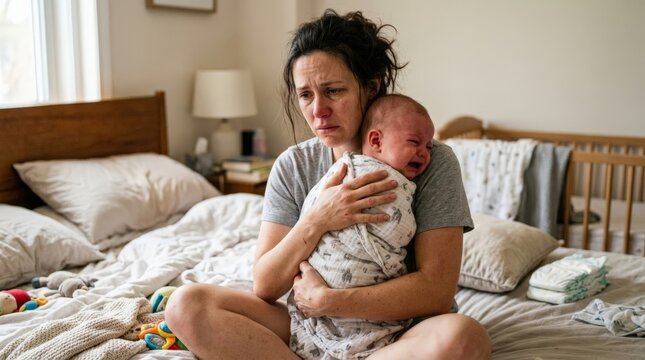 Distressed woman sits on an unmade bed, crying while holding a wailing infant swaddled in a patterned cloth in a bright bedroom