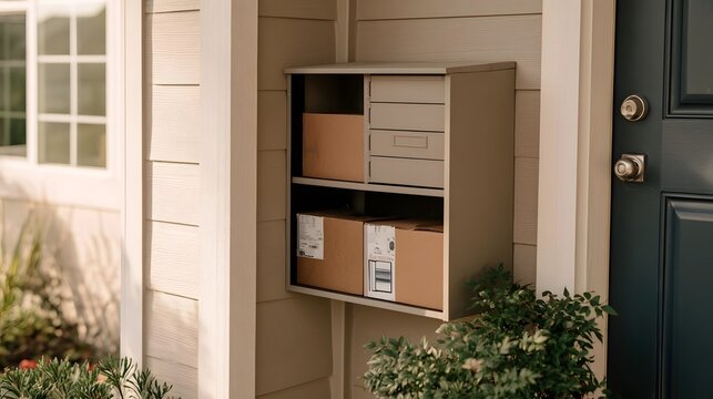 A modern wall mounted mailbox holding packages beside a dark door on a house with light siding and greenery