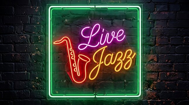 Glowing neon sign advertising a live jazz music performance.