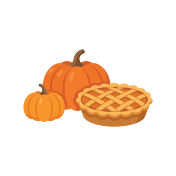 Pumpkins and pumpkin pie illustration. Autumn harvest food vector graphic design element.