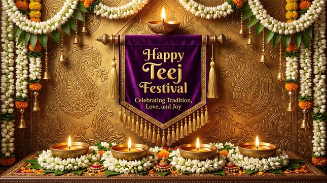 Traditional Indian Happy Teej Festival Purple Velvet Banner with Diyas and Jasmine