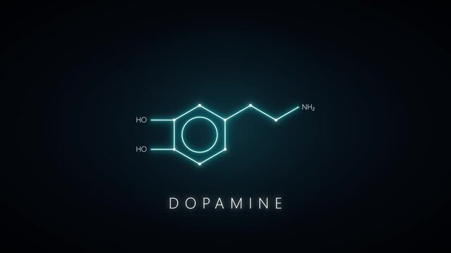 Dopamine chemical formula structure animation: glowing neon molecule on dark background