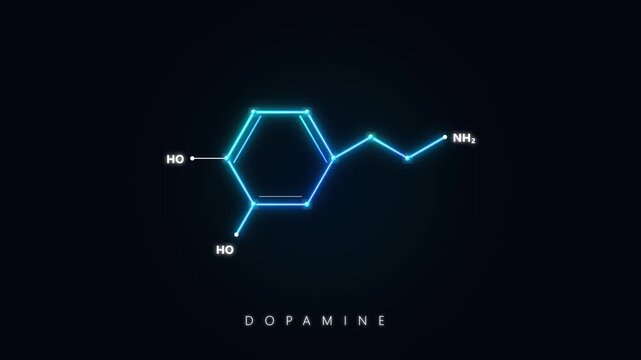 Dopamine molecule structure animation: glowing neon chemical formula for science education