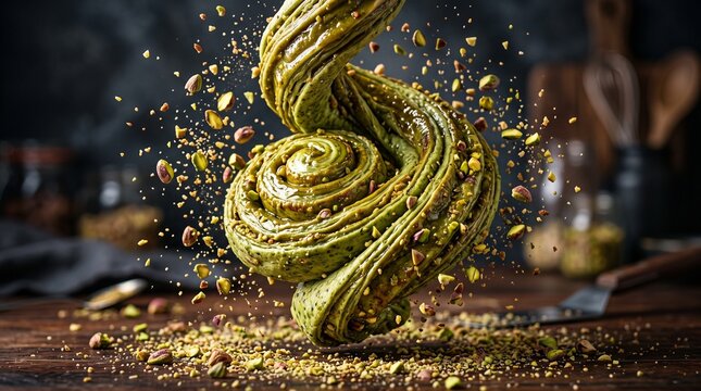 Dynamic swirl of green pistachio dough spinning with crushed nuts in a rustic kitchen setting, high-speed food photography