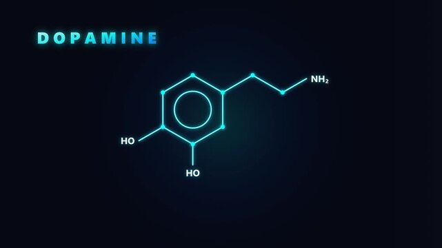 Dopamine chemical formula neon glow animation neuroscience and mental health background