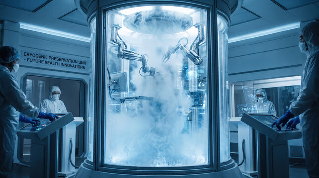Cryogenic preservation unit with medical equipment and scientists working in futuristic laboratory environment