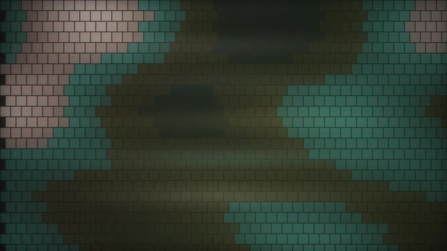 Abstract pixelated mosaic pattern with glowing teal and beige tiles