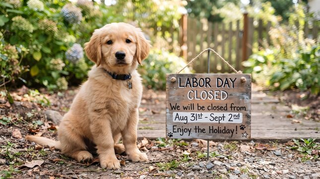 A cute golden retriever puppy sitting in a sunny garden next to a wooden sign wishing everyone a happy labor day