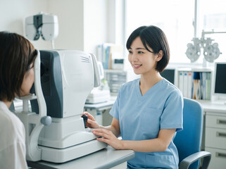 眼科クリニックで検査機械を使って患者の視力測定を行う柔和な表情の女性
