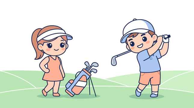 A cute cartoon illustration depicts a young boy swinging a golf club while a girl in a visor stands beside a golf bag on a green field.