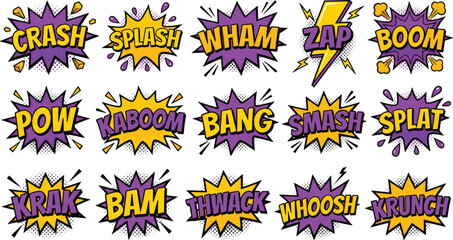 Retro Comic Book Sound Effects Exploded Speech Bubble Sticker Set with Purple and Yellow Crash Boom Wham Pow and Zap Typography Layout Designs © MD