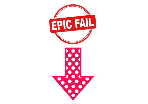 Epic Fail red rubber stamp icon, downward pointing arrow with polka dot pattern, conceptual graphic for failure and negative results