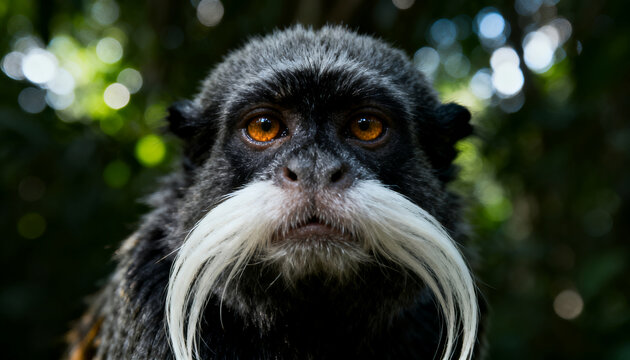Close-up portrait of an Emperor Tamarin monkey featuring a distinctive long white mustache and striking amber eyes, set against a blurred tropical rainforest canopy background