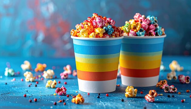 Paper cup of rainbow sweet popcorn on blue background, vibrant snack composition