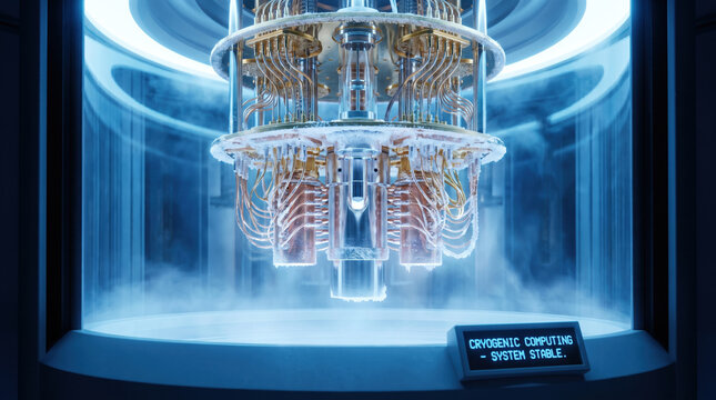 Quantum computing hardware with cryogenic cooling system in futuristic lab environment