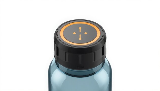 Close up of a modern sustainable water bottle cap with abstract icon, industrial