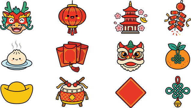 Cute Kawaii Lunar New Year Icon Set with Cartoon Chinese Dragon Lion Dance Red Envelopes Dumpling and Lantern Icons for Festive Mobile App Graphic Designs