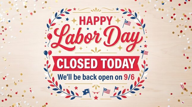 Decorative sign wishing a happy labor day while announcing that the business is closed today and will be back open soon
