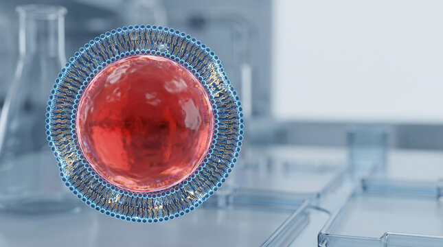 Red lipid cell phospholipid molecular structure closeup with laboratory glassware background